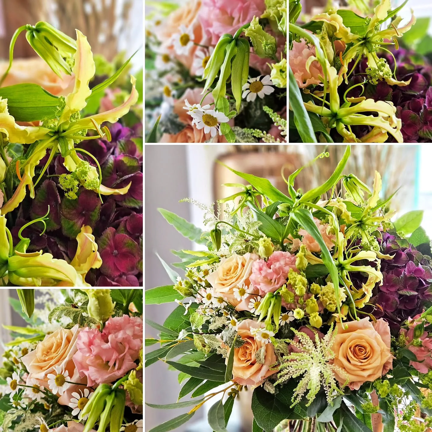 Individueller Blumenstrauß mit Gloriosa, Hortensien und apricotfarbenen Rosen