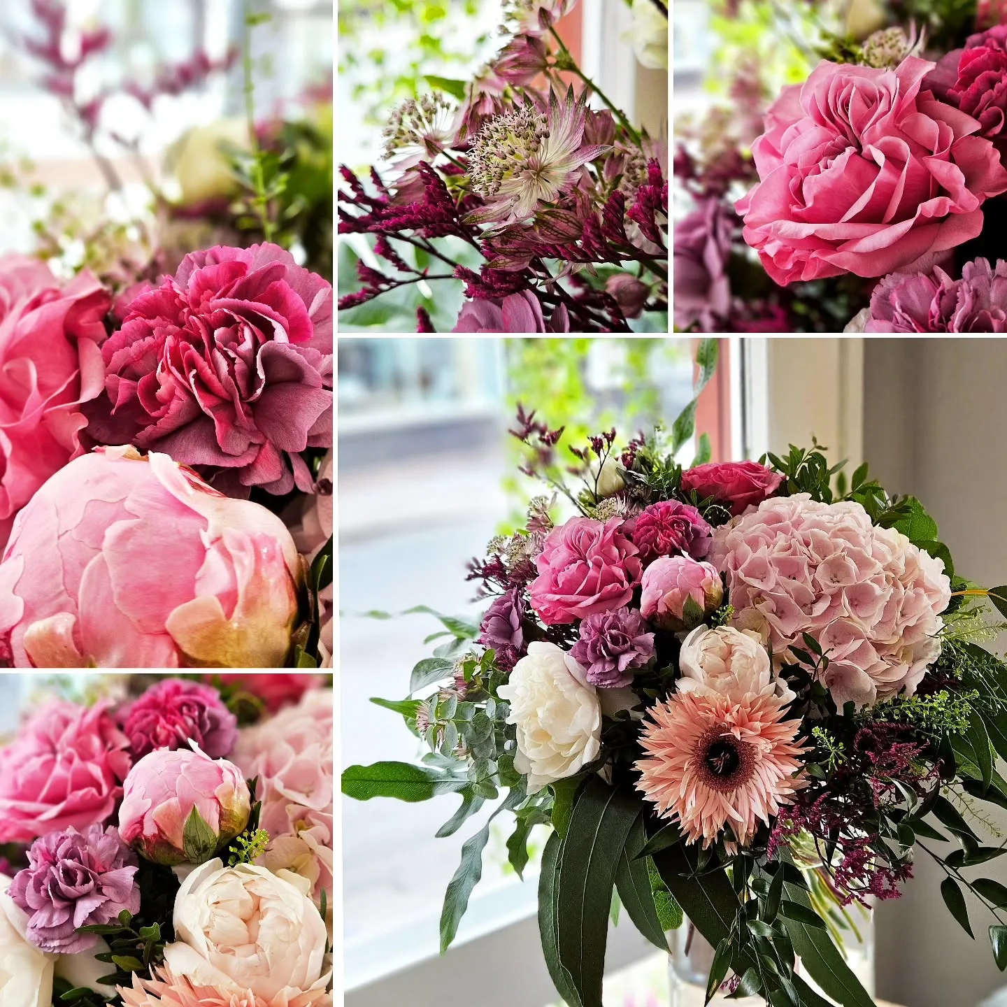 Individuell gestalteter Blumenstrauß in Rosa und Pink mit floralen Detailaufnahmen