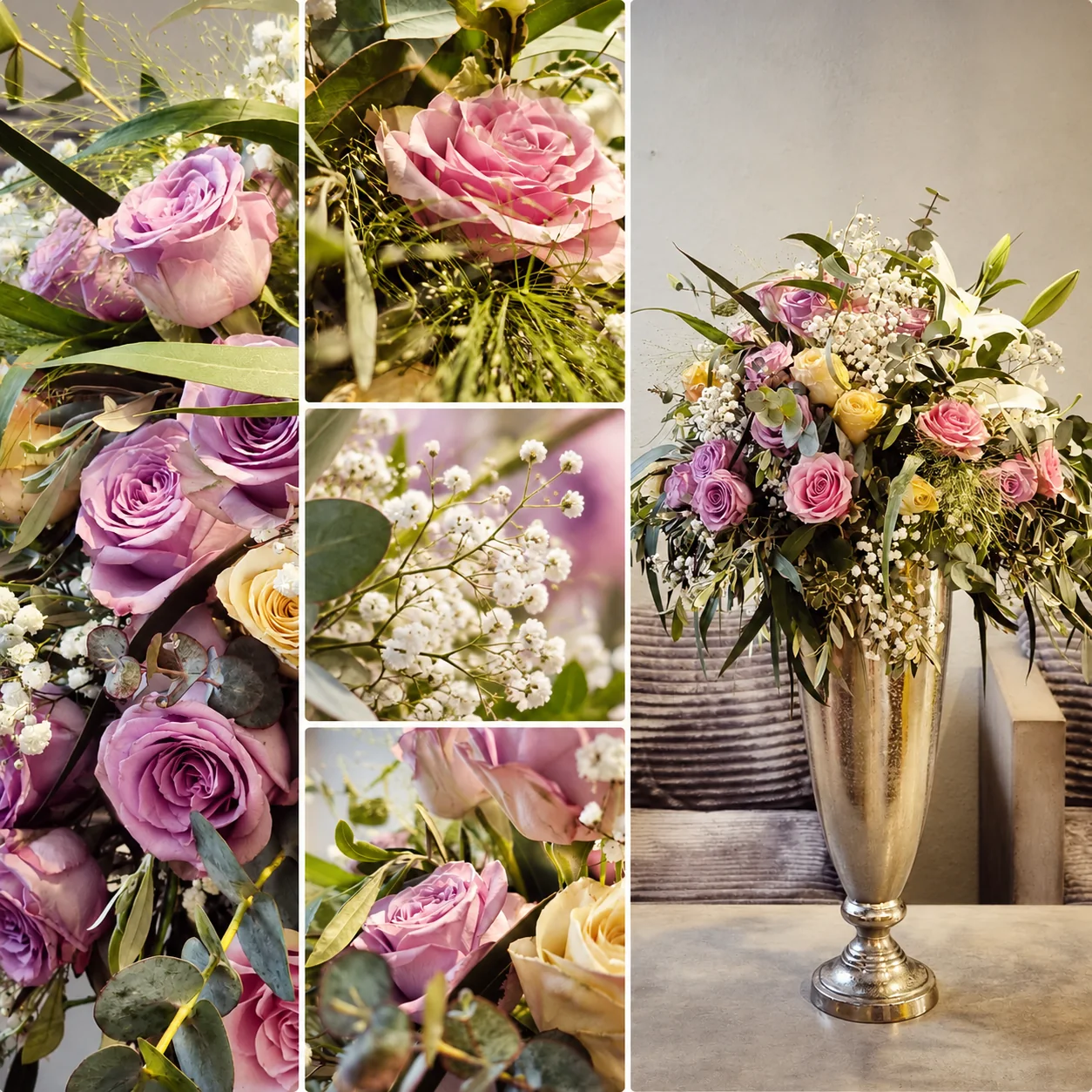 Florales Eventarrangement mit Rosen, Lilien und Eukalyptus in einer hohen Vase