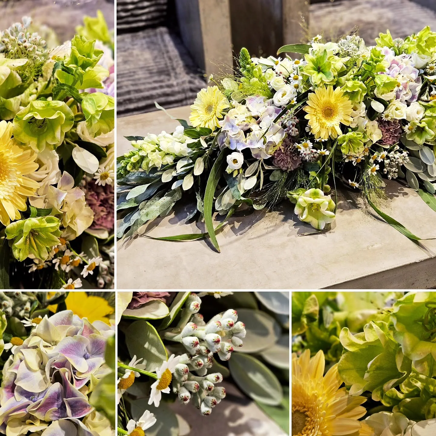 Florale Tischdekoration in Grün, Gelb und Weiß mit Hortensien, Gerbera und feinen Blütendetails