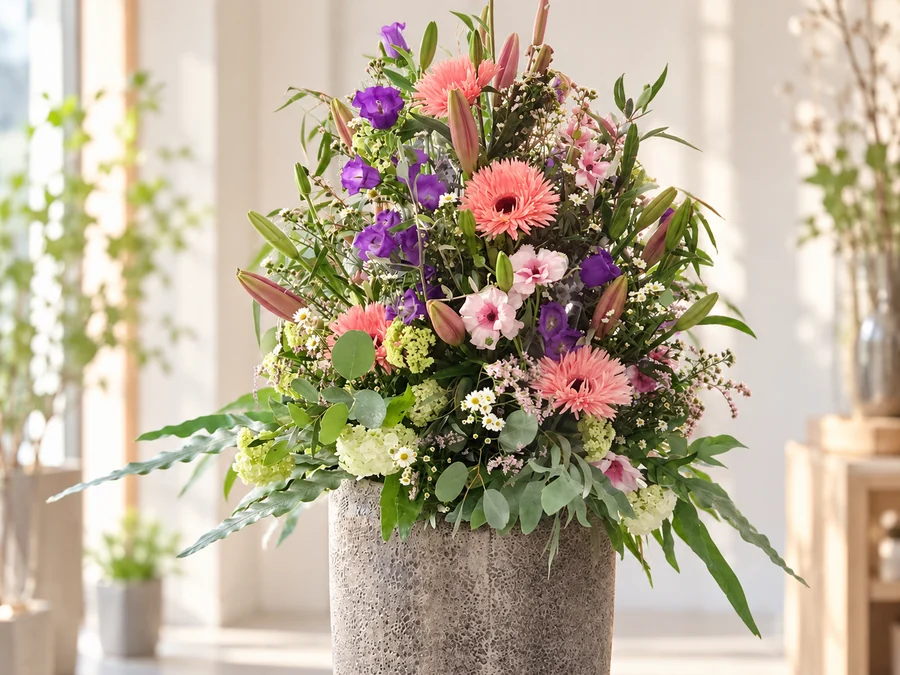 Hohe florale Eventdekoration in Rosa, Violett und Grün