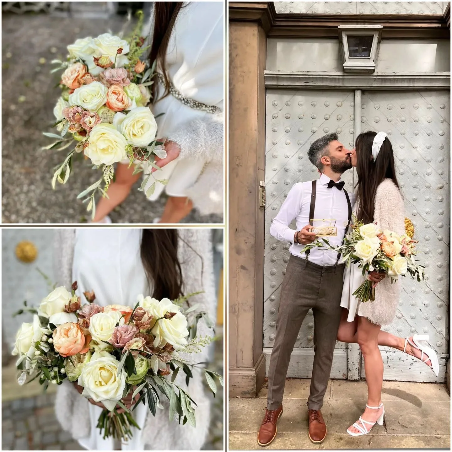 Hochzeitsfloristik mit Brautstrauß in Creme und Apricot mit Rosen und Olivenzweigen
