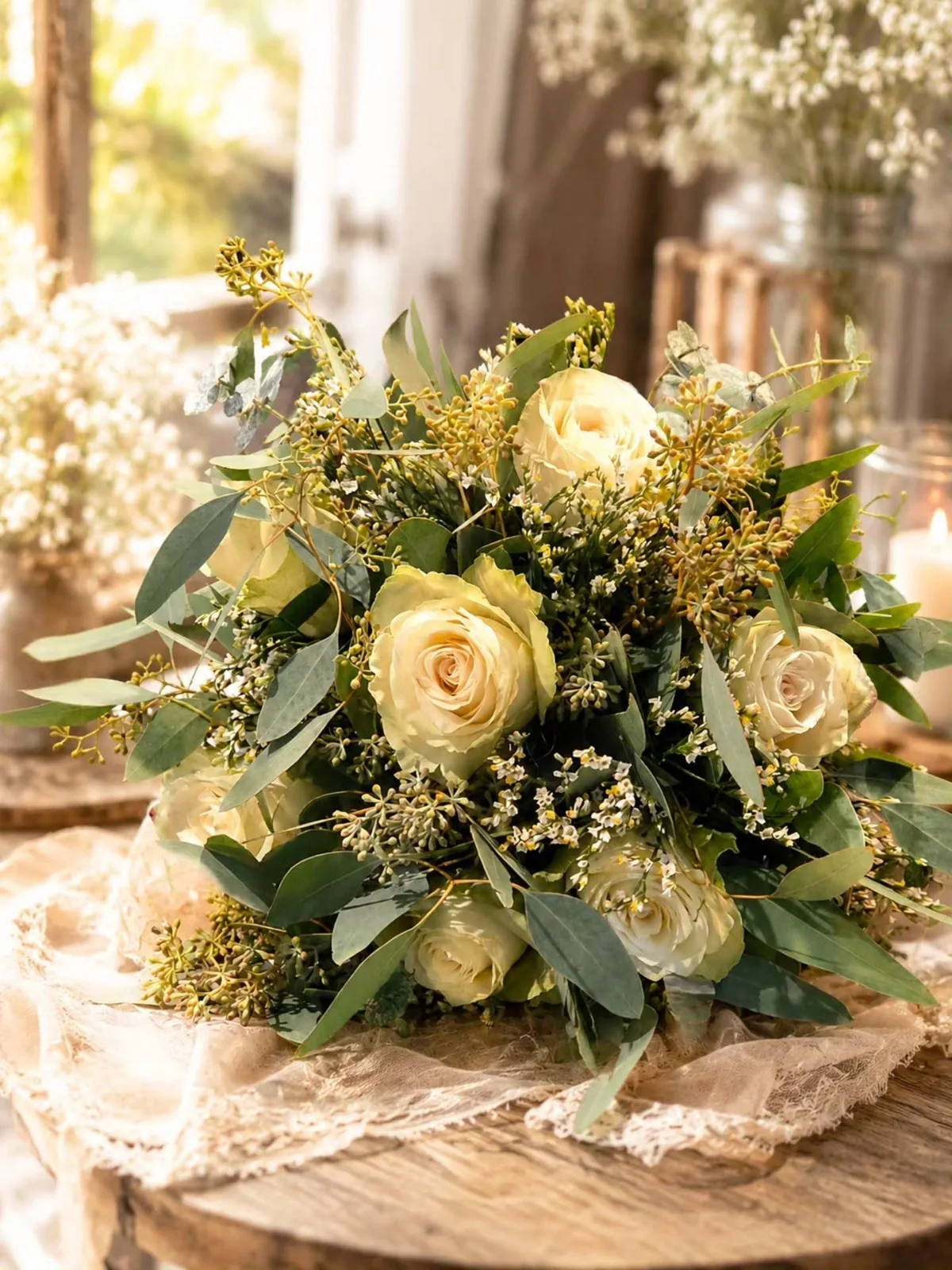 Eleganter Brautstrauß in Creme mit Rosen, feinem Beiwerk und Eukalyptus