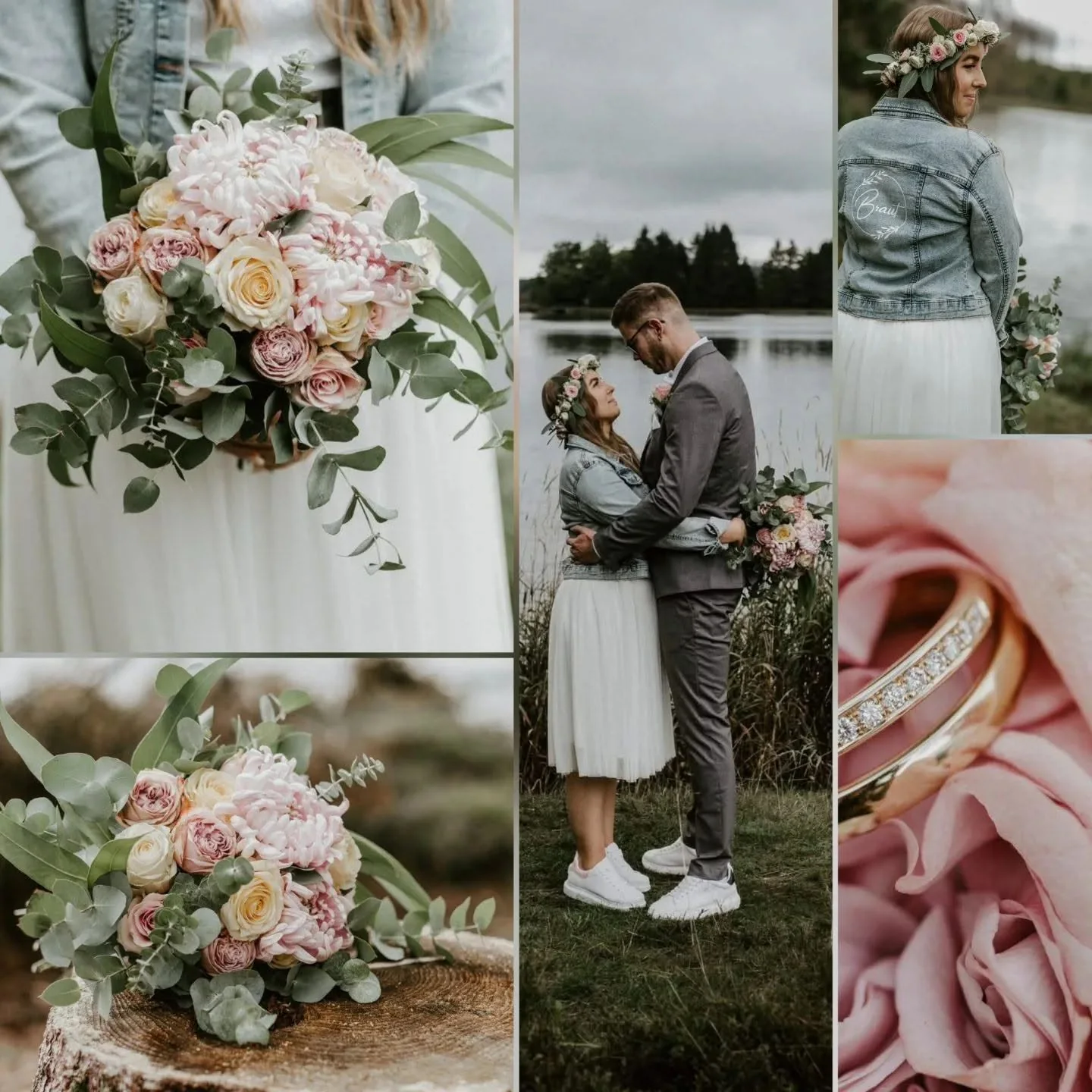 Hochzeitscollage mit Brautpaar und Brautstrauß in Creme, Rosé und Eukalyptus