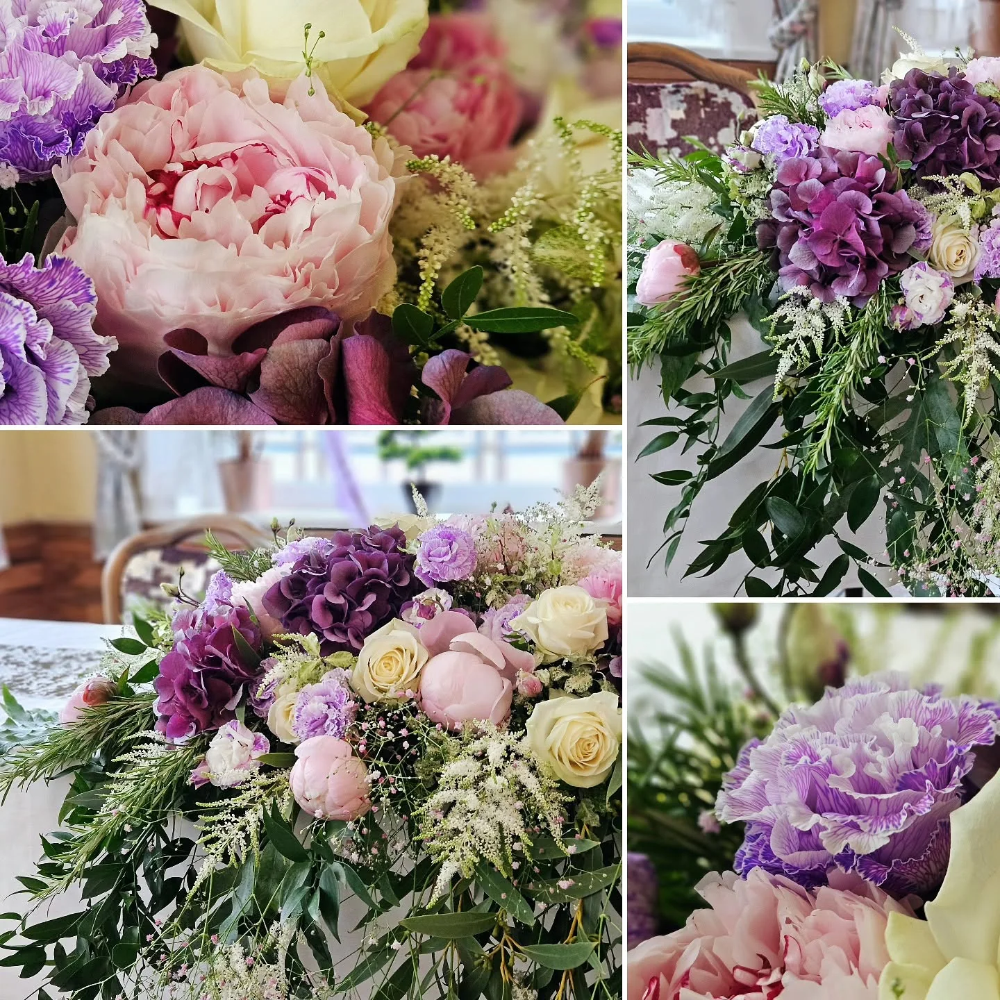 Florale Tischdekoration zur Hochzeit in Rosa, Creme und Violett mit Pfingstrosen, Hortensien und Rosen