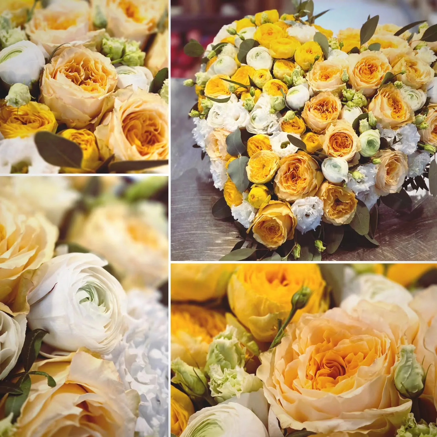 Trauerfloristik in warmen Gelb- und Cremetönen mit Rosen und Ranunkeln