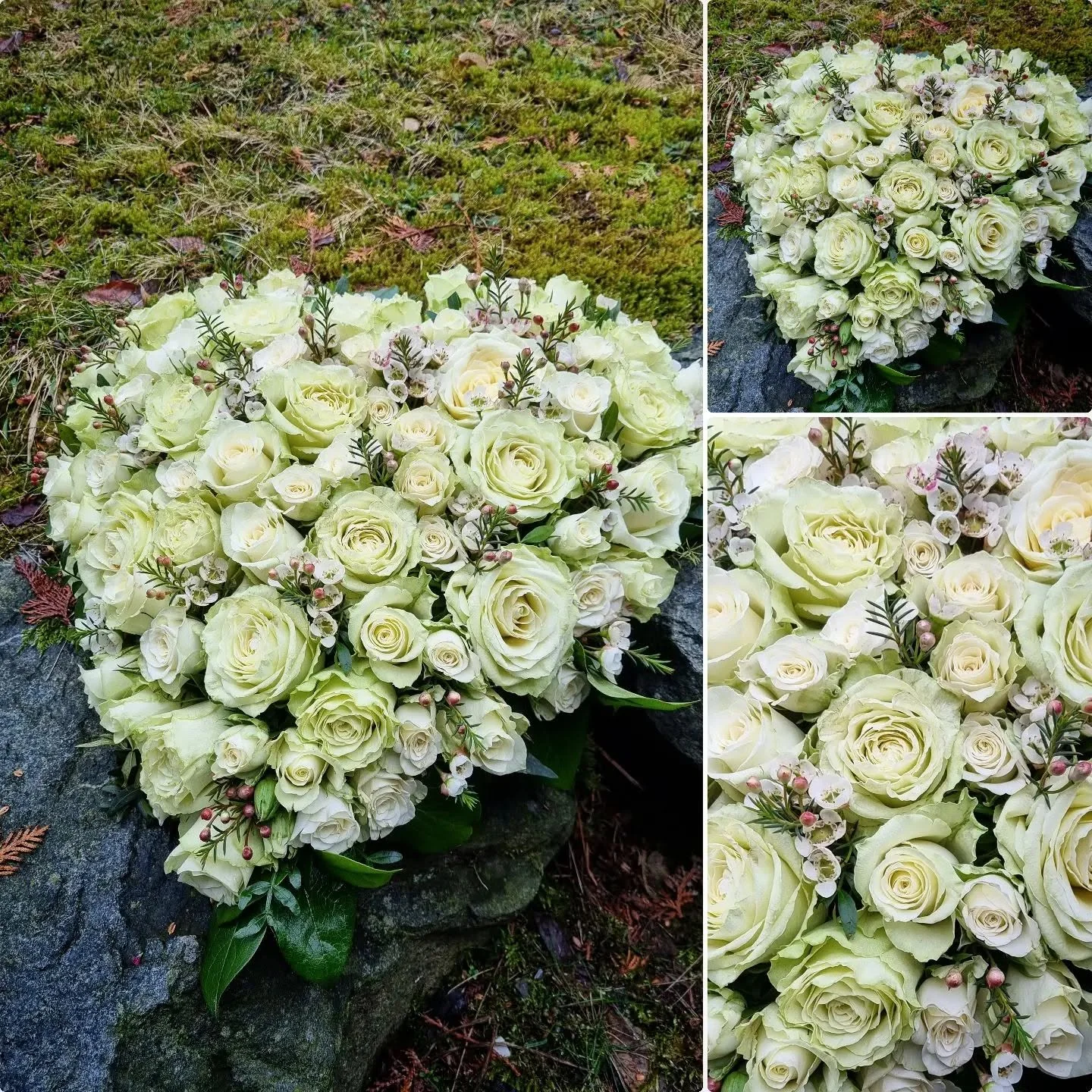 Florales Trauerherz aus weißen Rosen und Hortensien mit feinem Beiwerk