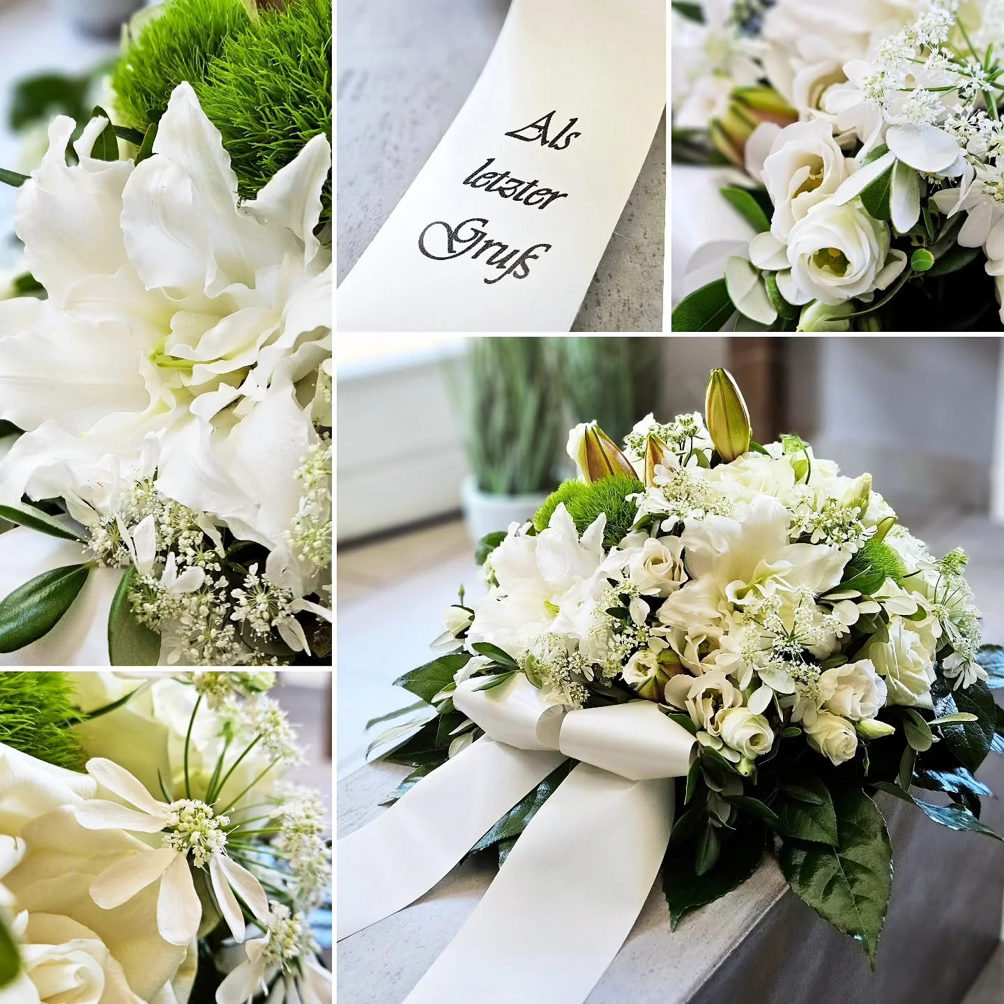 Trauergesteck in Weiß und Grün mit Rosen, Lilien und feinen Blütendetails