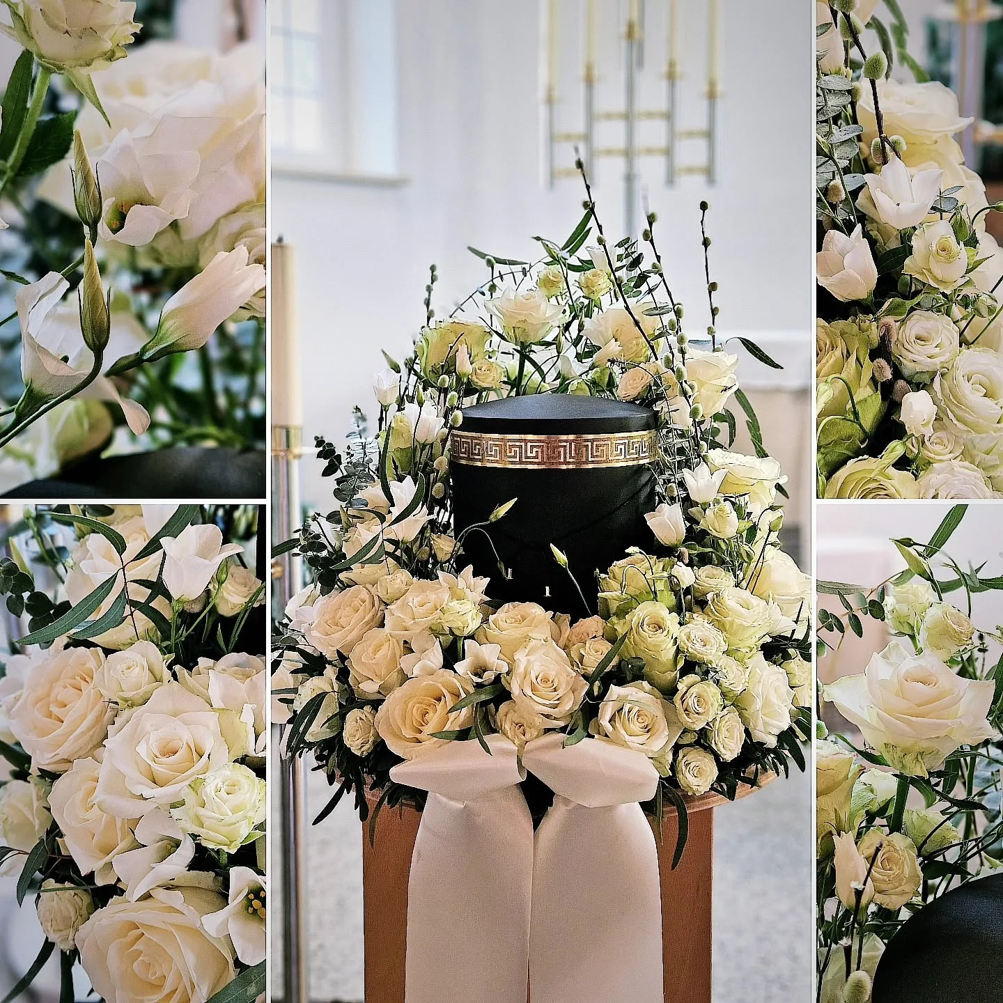 Eleganter Urnenschmuck in Creme und Weiß mit Rosen und feinen Zweigen