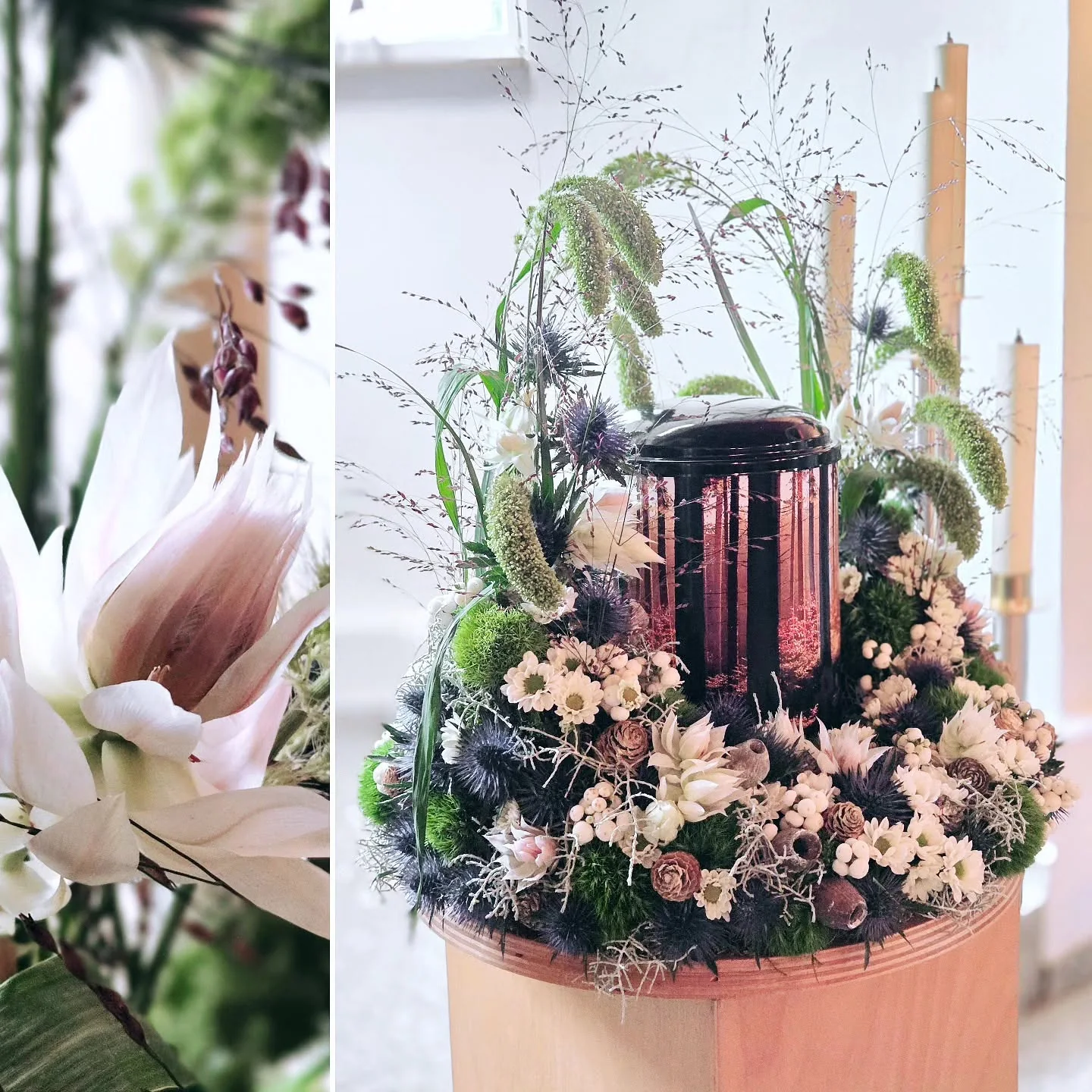 Natürlicher Urnenschmuck in Weiß und Grün mit Gräsern, Disteln und feinen Blüten