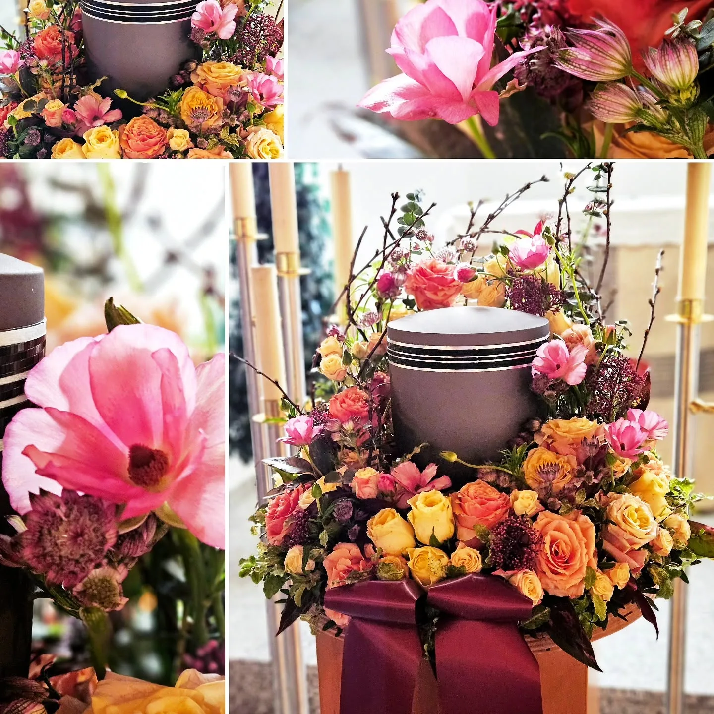 Urnenschmuck in Rosa, Apricot und Burgunder mit Rosen und feinen Zweigen