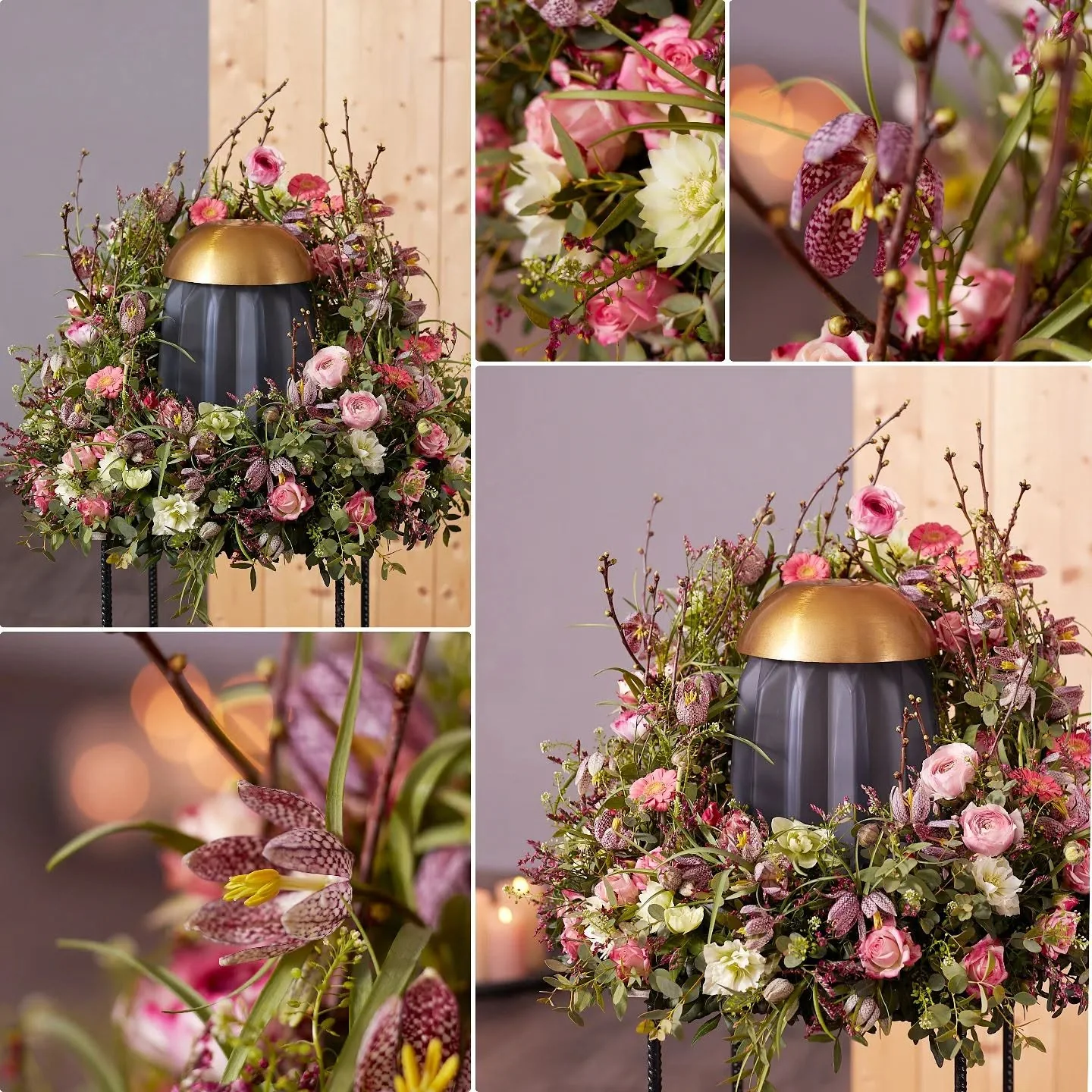 Individueller Urnenschmuck in Rosa mit Rosen, Fritillaria und natürlichen Zweigen
