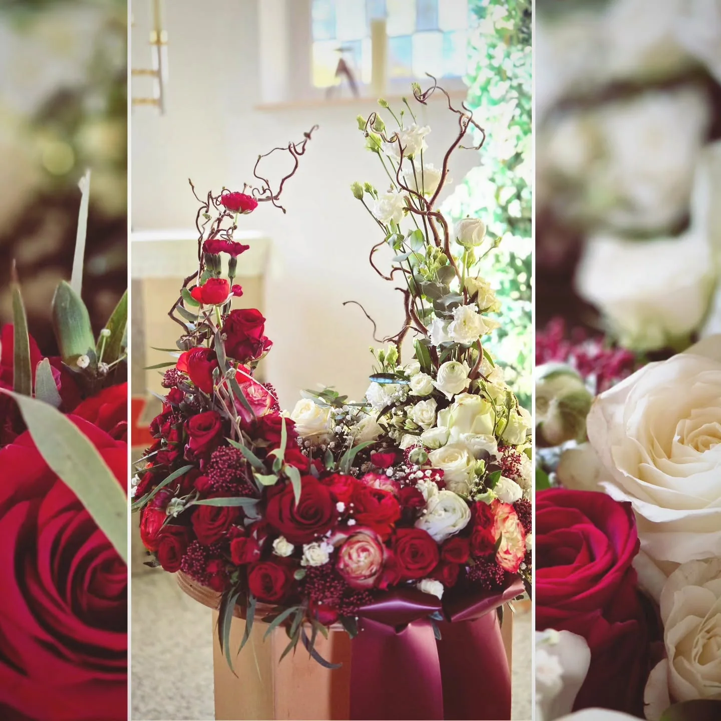 Floraler Urnenschmuck in Rot und Weiß mit Rosen und geschwungenen Zweigen