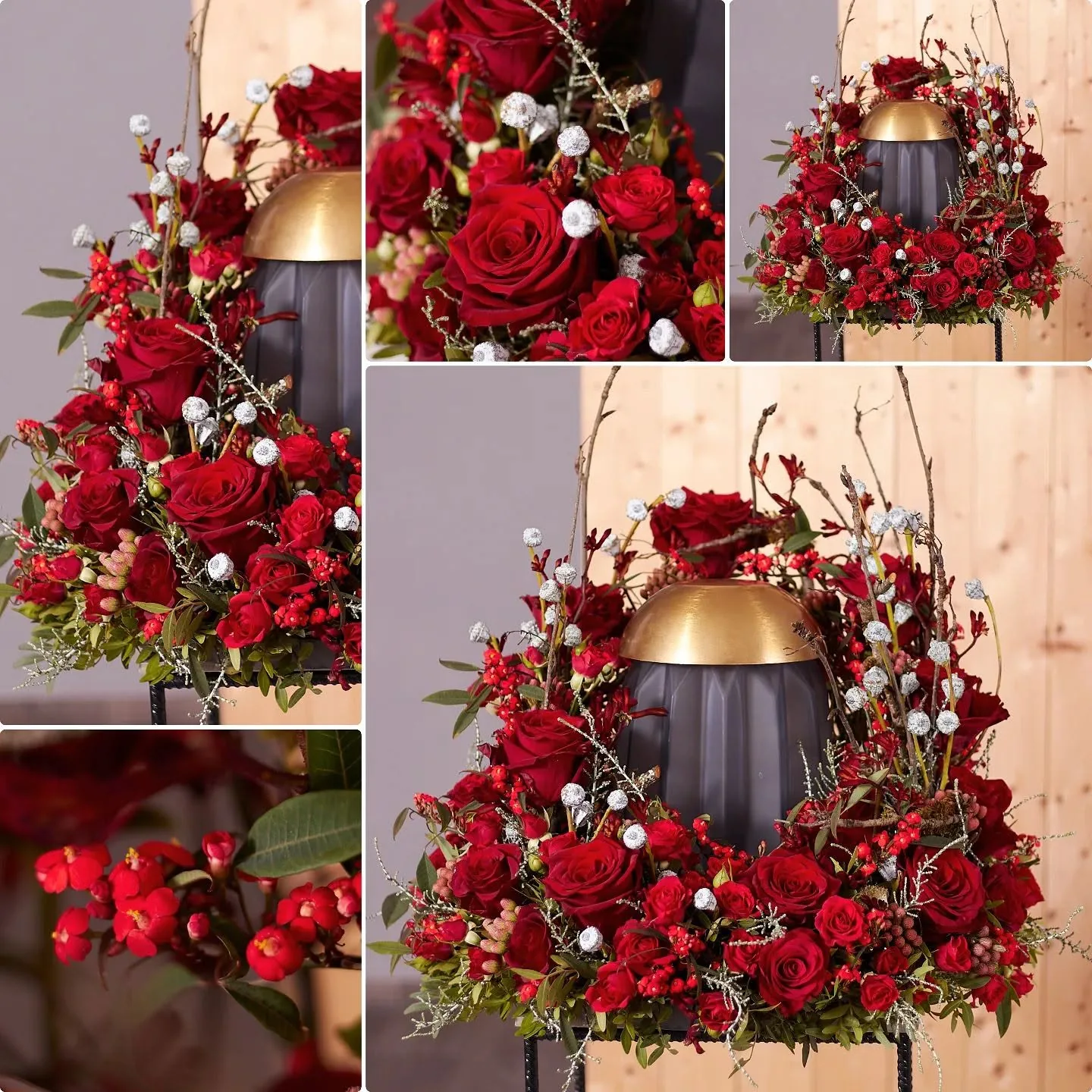Urnenschmuck mit roten Rosen, feinen Zweigen und silbernen Akzenten