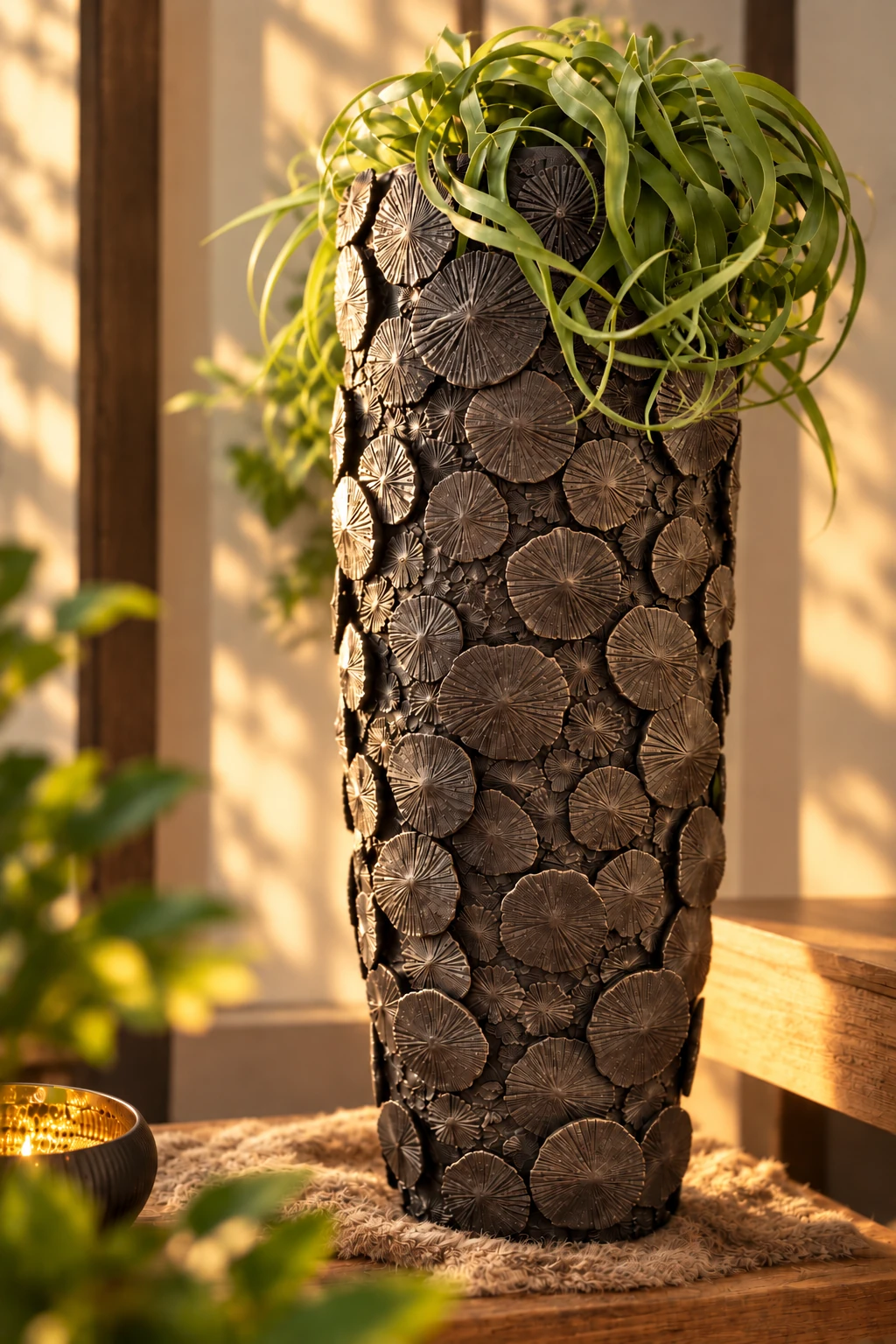 Hohe dunkle Bodenvase mit kreisförmigem Reliefmuster und grünen Blättern im Blumenhaus Altenau