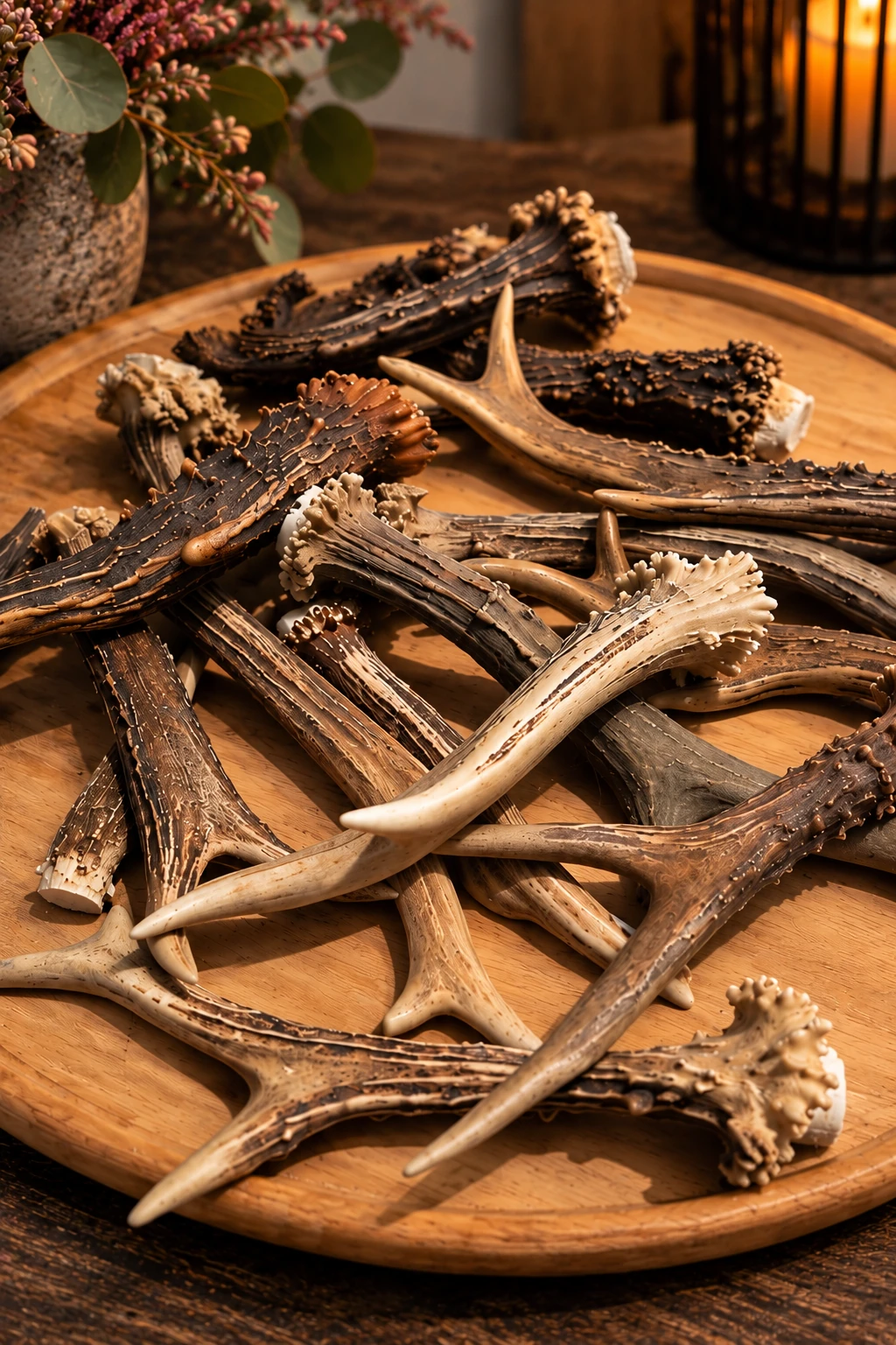 Dekorative Geweihstücke auf einem runden Holztablett im Blumenhaus Altenau