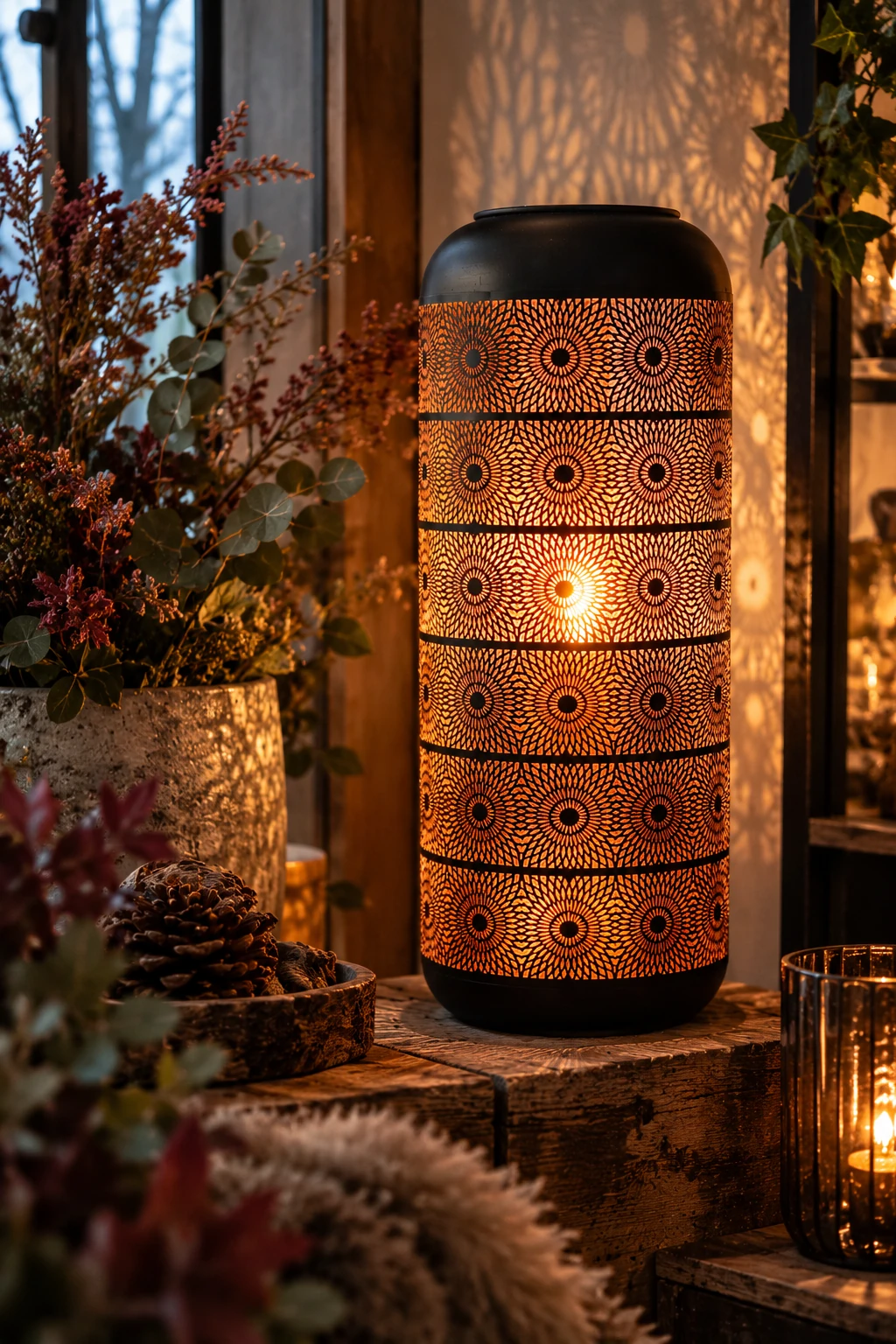 Schwarze Dekoleuchte mit filigranem Lochmuster und warmem Licht im Blumenhaus Altenau