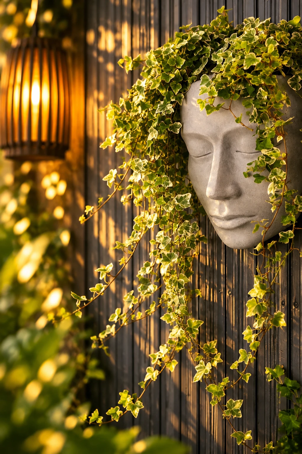 Wandpflanzgefäß in Gesichtsform mit herabhängendem Efeu im Blumenhaus Altenau