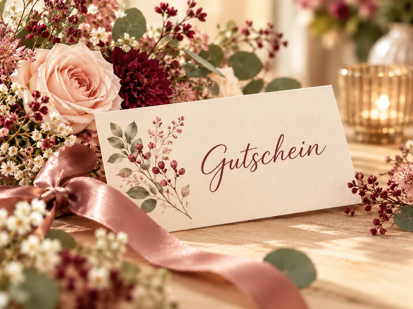 Romantischer Gutschein mit rosafarbenem Satinband, Rosen und bordeauxfarbenen Blüten bei warmem Kerzenlicht